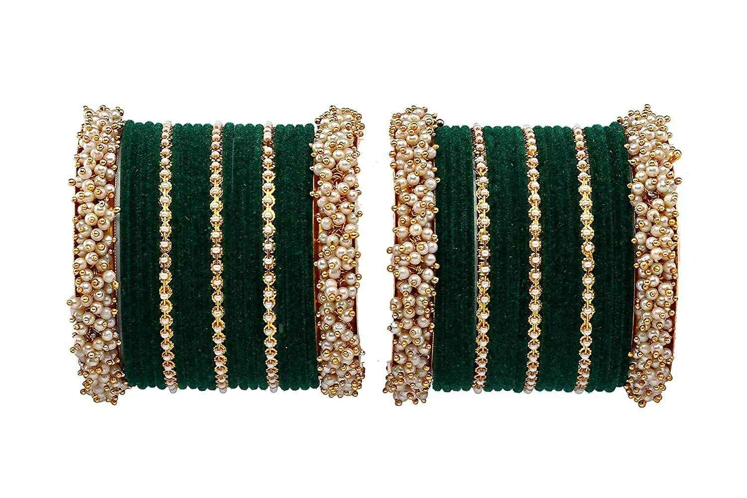 T4 Jewels Stylish Latest Collection Fashion Jewellery Pearl And Stone Glossy Finished Metal Bangles Set - 70NO