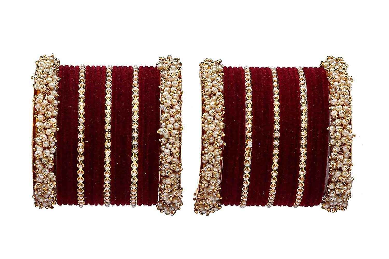 T4 Jewels Stylish Latest Collection Fashion Jewellery Pearl And Stone Glossy Finished Metal Bangles Set - 70NO