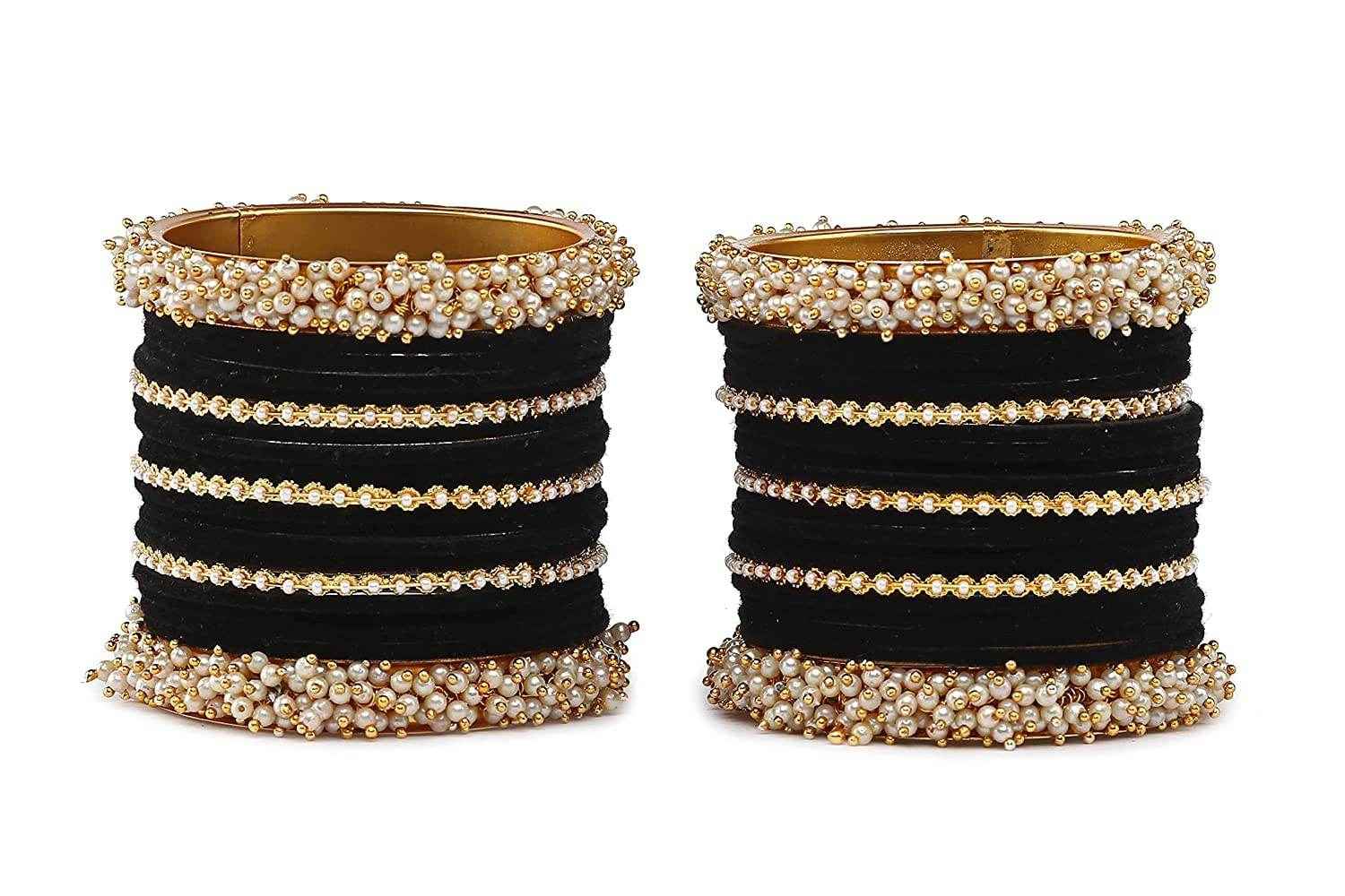 T4 Jewels Stylish Latest Collection Fashion Jewellery Pearl And Stone Glossy Finished Metal Bangles Set - 70NO