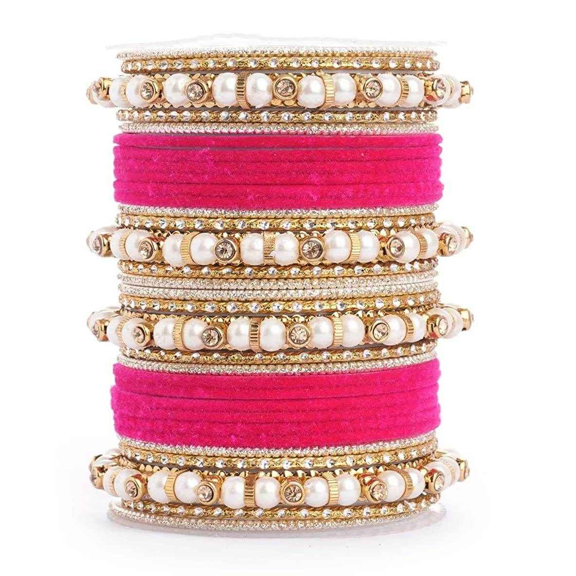 T4 Jewels Pearl Silver Gemstones Beads Studded Multicoloured Metal Bangles Set - 82NO