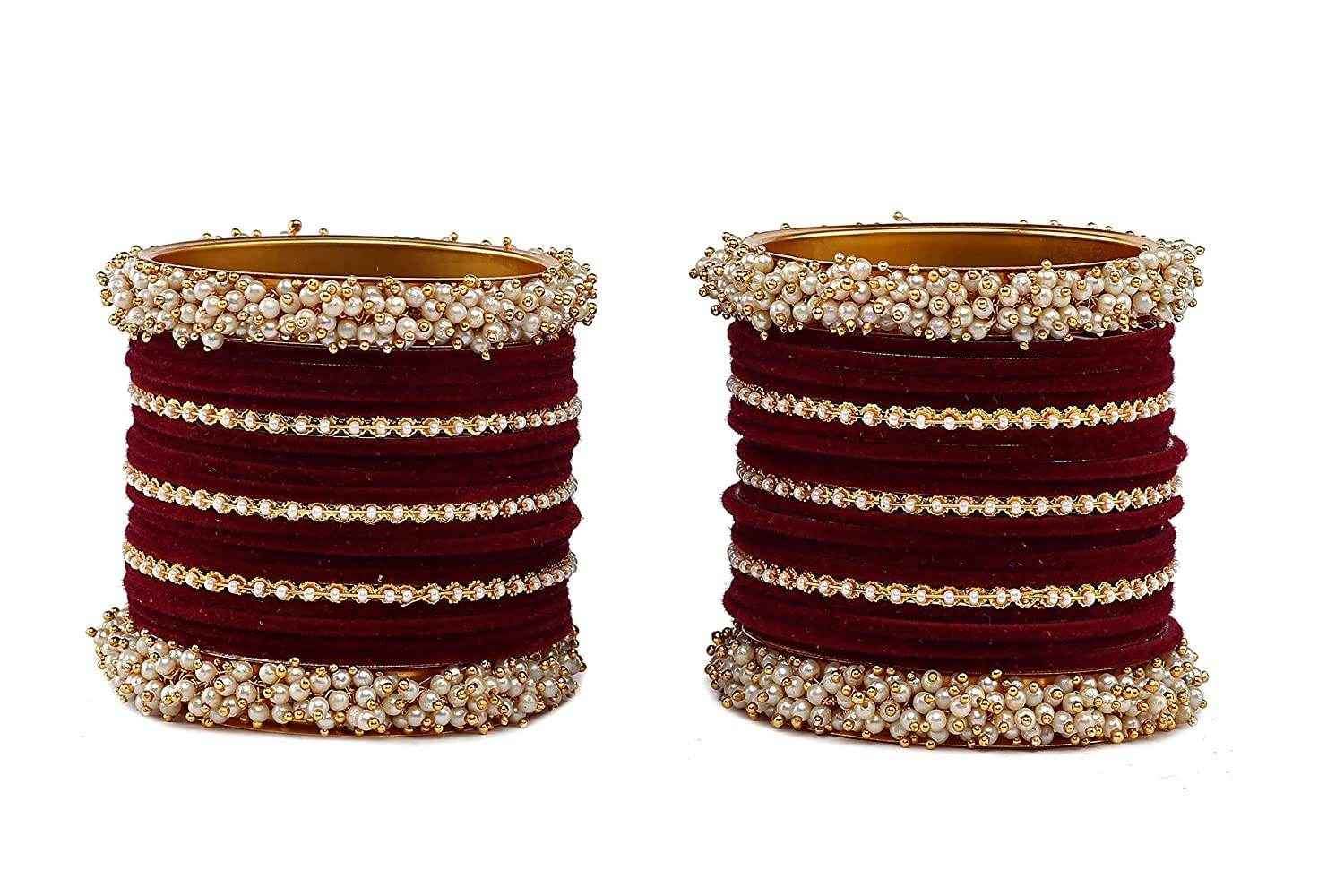 T4 Jewels Stylish Latest Collection Fashion Jewellery Pearl And Stone Glossy Finished Metal Bangles Set - 70NO