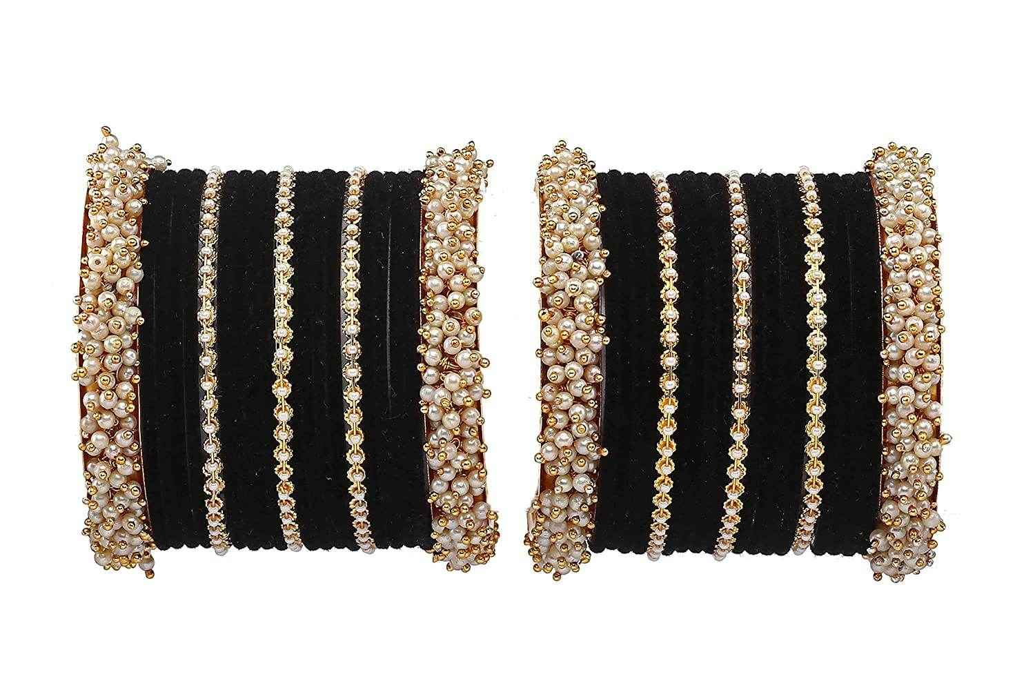 T4 Jewels Stylish Latest Collection Fashion Jewellery Pearl And Stone Glossy Finished Metal Bangles Set - 70NO