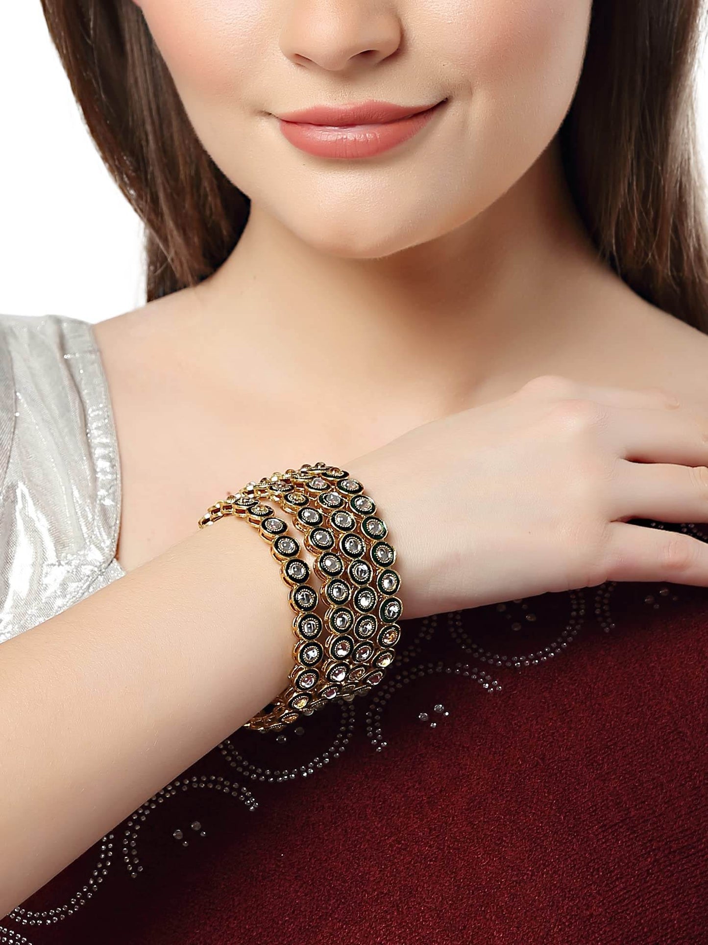 T4 Jewels Set of 4 Antique Gold Plated Green Kundan Rajwadi Bangles for Women T4 Jewels
