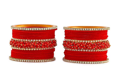 T4 Jewels Brass Metal Velvet Pearl And Beads Glossy Finished Bangles Set (Set For 2 Hand) - 59NO