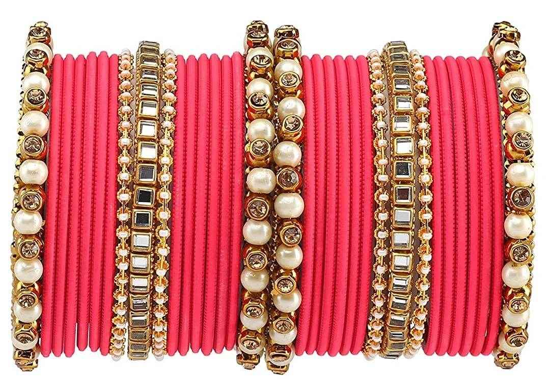 T4 Jewels Brass Metal Beads, Stones And Gemstones Studded Pearl & Glossy Finished Bangle Set- 63NO