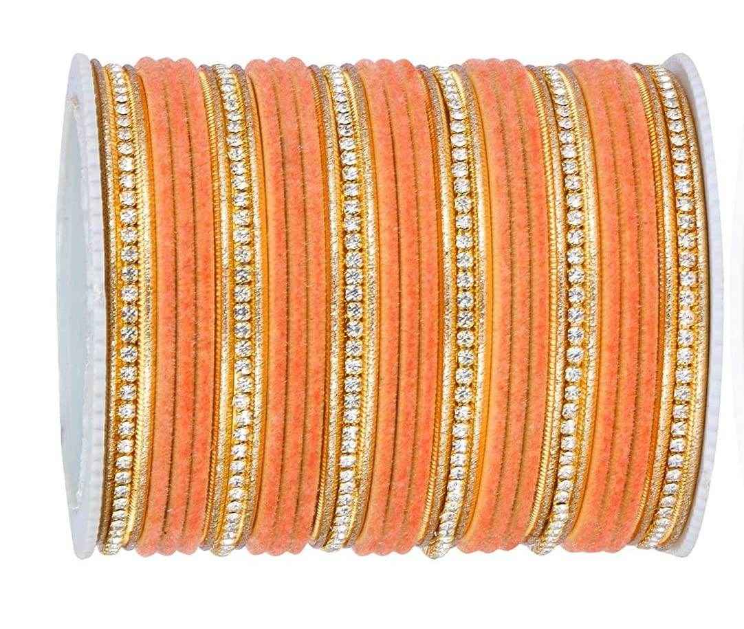 T4 Jewels Zircon Gem-stones And Beads Velvet Glossy Finished Metal Bangles Set - 66NO