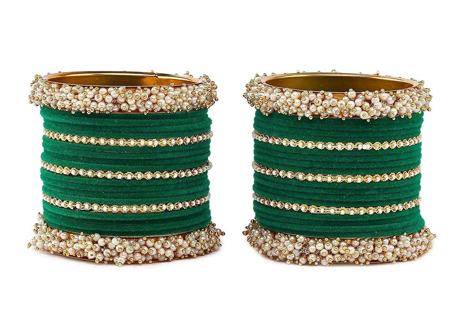 T4 Jewels Stylish Latest Collection Fashion Jewellery Pearl And Stone Glossy Finished Metal Bangles Set - 70NO
