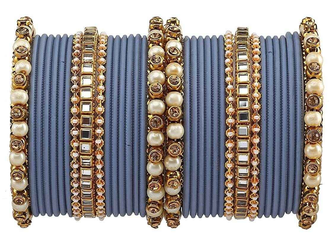 T4 Jewels Brass Metal Beads, Stones And Gemstones Studded Pearl & Glossy Finished Bangle Set- 63NO