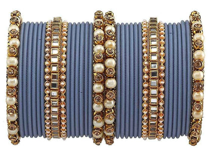 T4 Jewels Brass Metal Beads, Stones And Gemstones Studded Pearl & Glossy Finished Bangle Set- 63NO