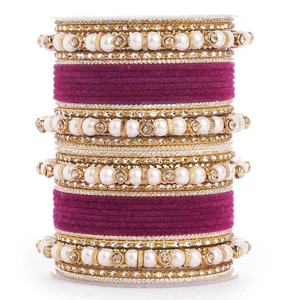 T4 Jewels Pearl Silver Gemstones Beads Studded Multicoloured Metal Bangles Set - 82NO