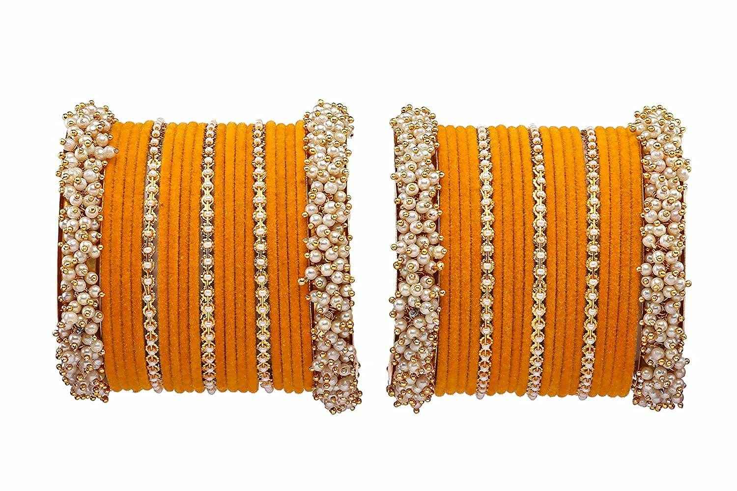 T4 Jewels Stylish Latest Collection Fashion Jewellery Pearl And Stone Glossy Finished Metal Bangles Set - 70NO