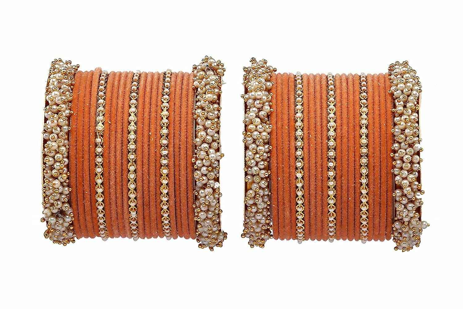 T4 Jewels Stylish Latest Collection Fashion Jewellery Pearl And Stone Glossy Finished Metal Bangles Set - 70NO