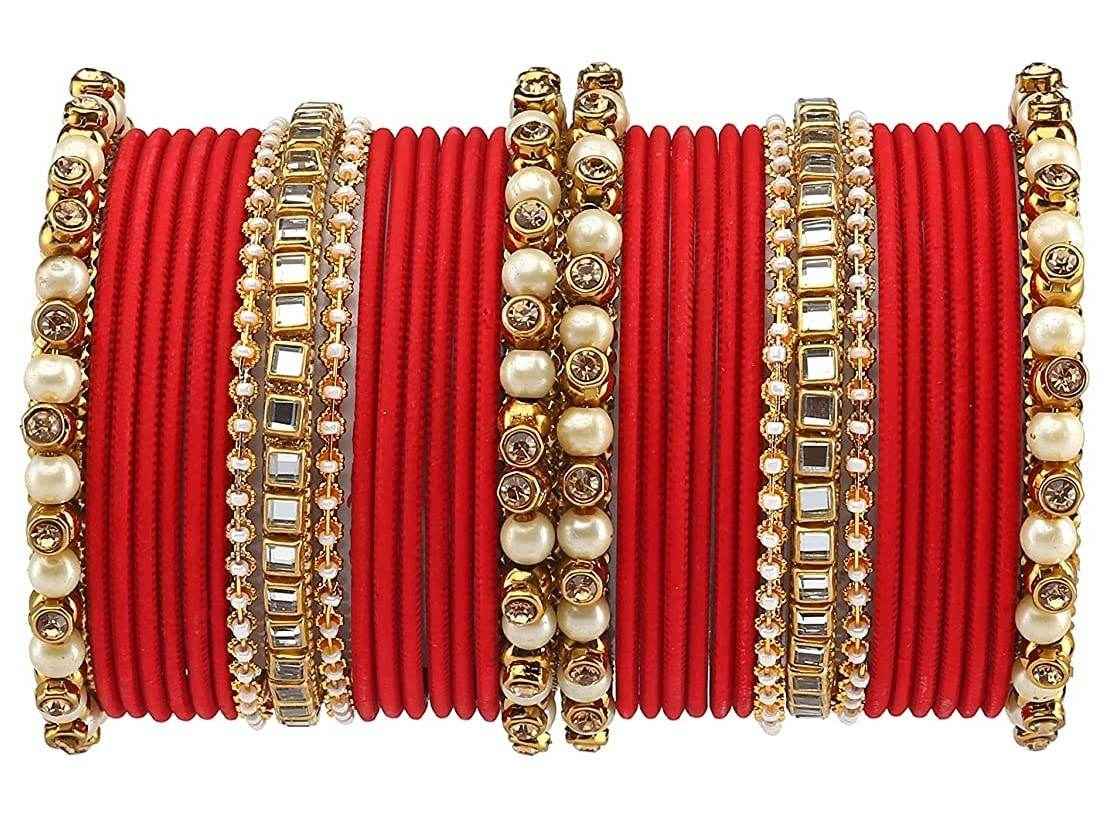 T4 Jewels Brass Metal Beads, Stones And Gemstones Studded Pearl & Glossy Finished Bangle Set- 63NO