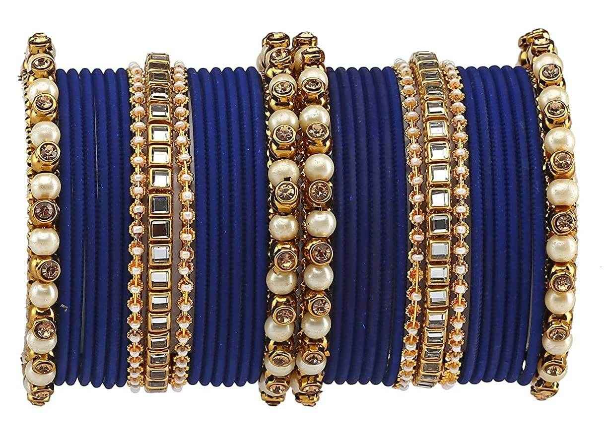 T4 Jewels Brass Metal Beads, Stones And Gemstones Studded Pearl & Glossy Finished Bangle Set- 63NO
