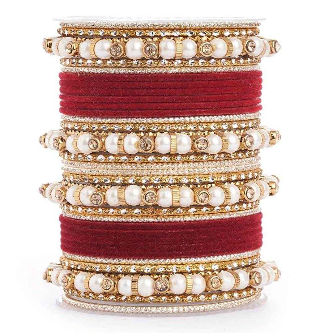 T4 Jewels Pearl Silver Gemstones Beads Studded Multicoloured Metal Bangles Set - 82NO