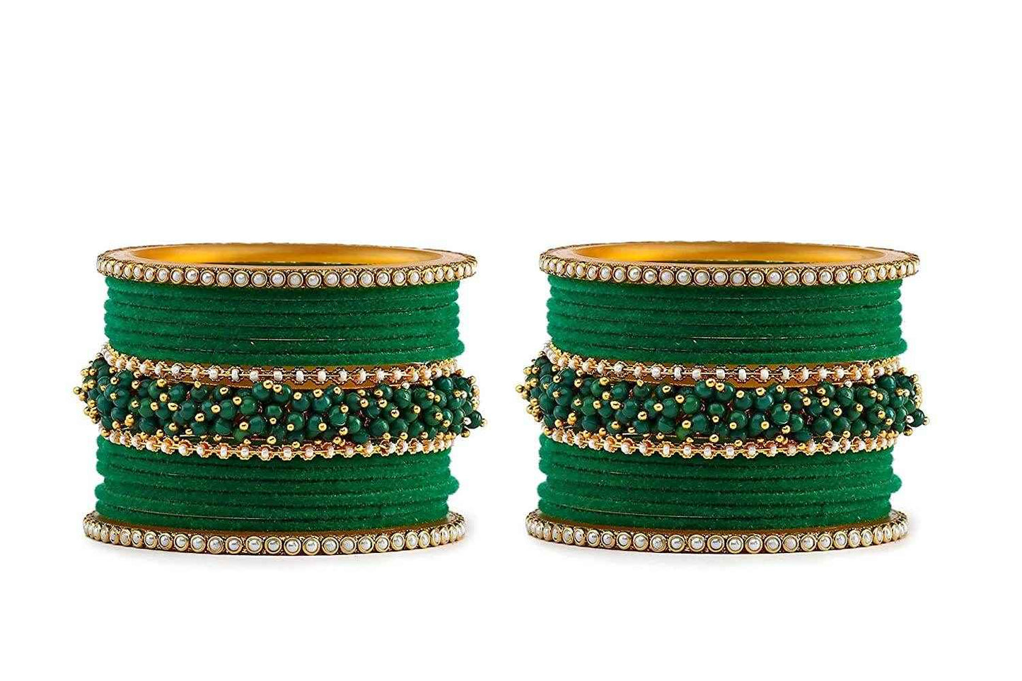 T4 Jewels Brass Metal Velvet Pearl And Beads Glossy Finished Bangles Set (Set For 2 Hand) - 59NO
