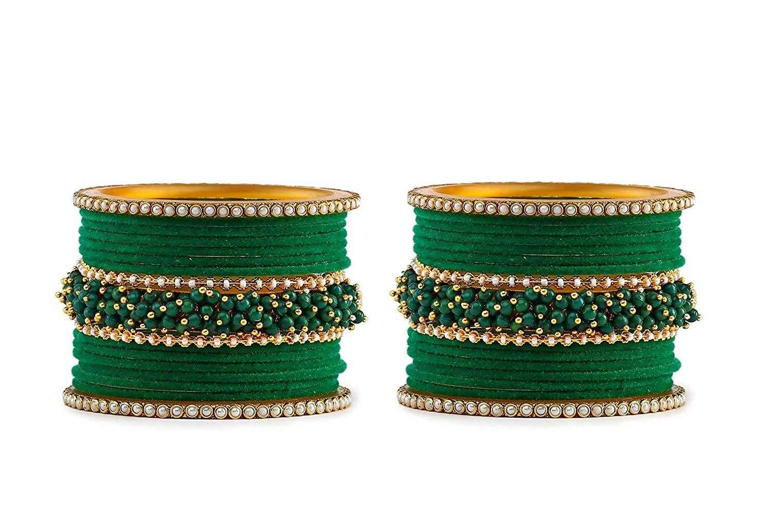 T4 Jewels Brass Metal Velvet Pearl And Beads Glossy Finished Bangles Set (Set For 2 Hand) - 59NO