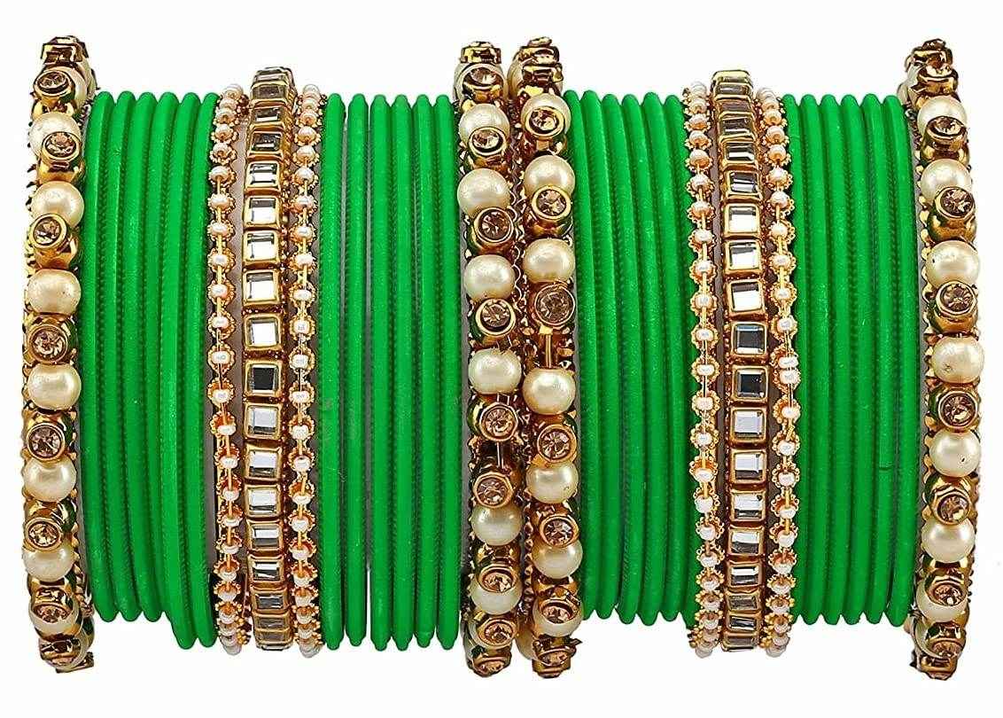 T4 Jewels Brass Metal Beads, Stones And Gemstones Studded Pearl & Glossy Finished Bangle Set- 63NO