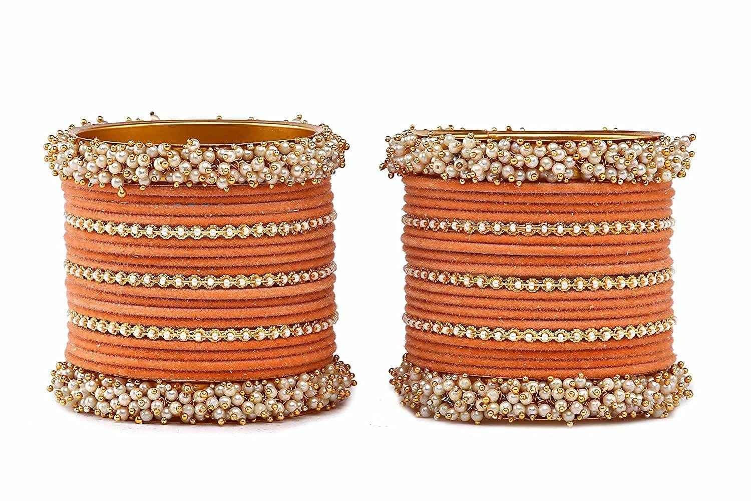T4 Jewels Stylish Latest Collection Fashion Jewellery Pearl And Stone Glossy Finished Metal Bangles Set - 70NO