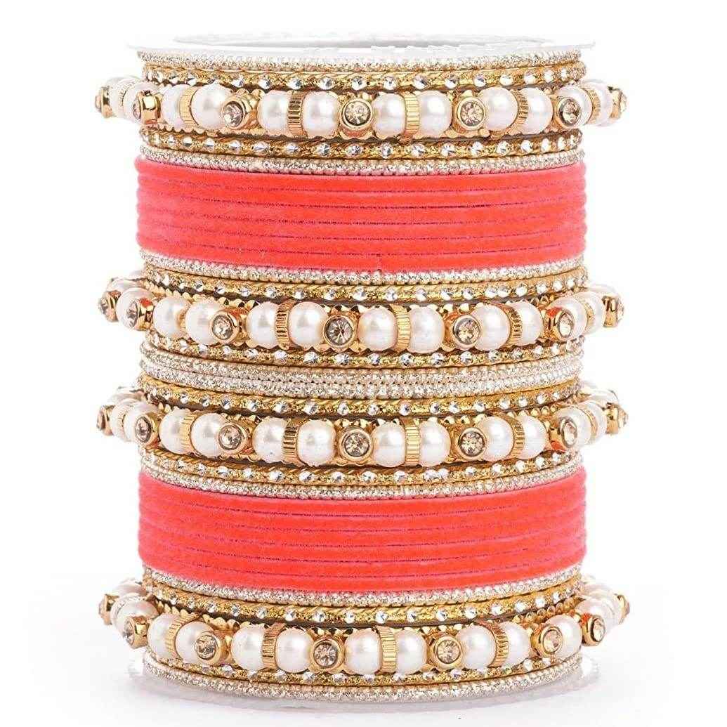T4 Jewels Pearl Silver Gemstones Beads Studded Multicoloured Metal Bangles Set - 82NO