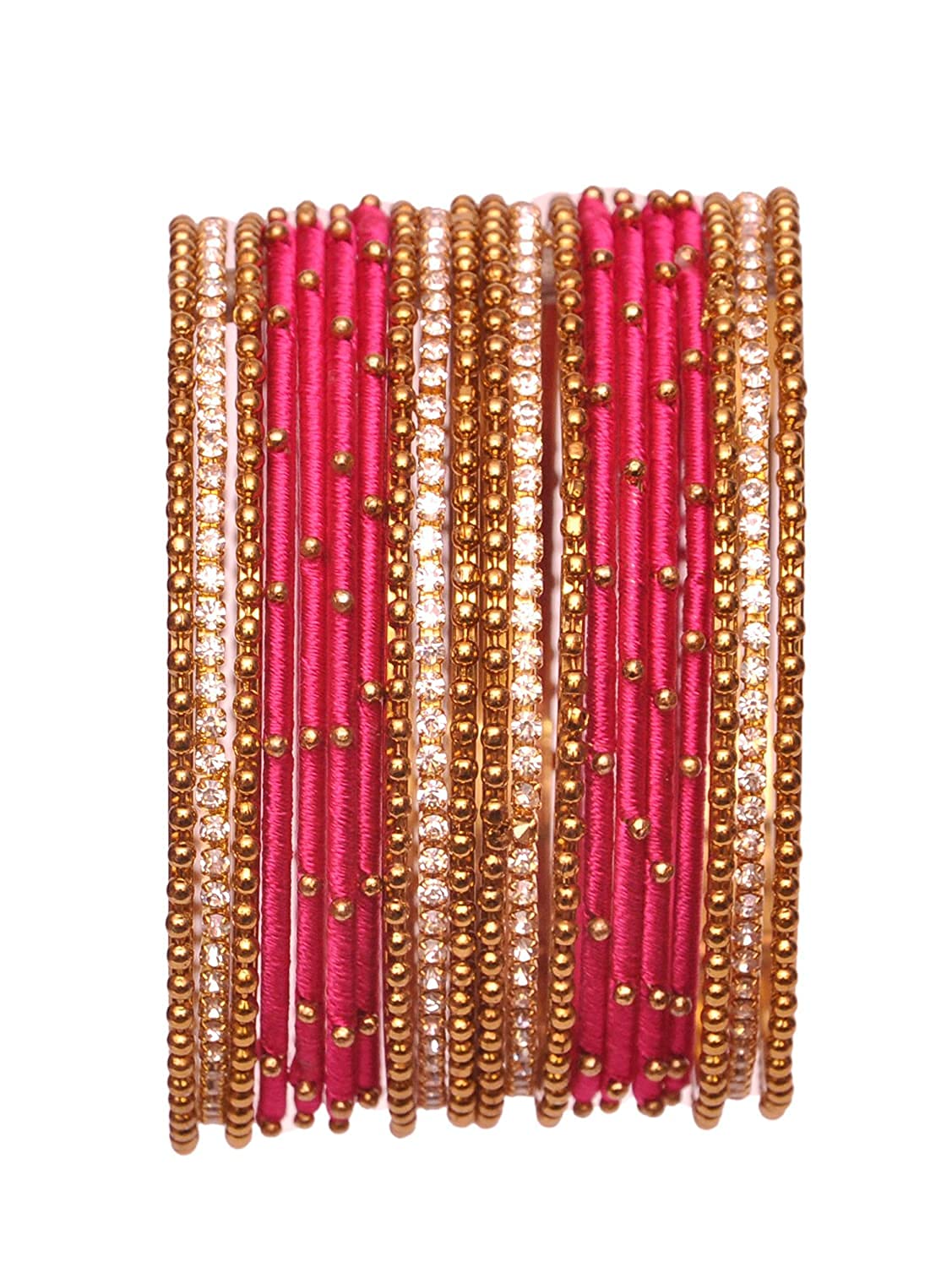 T4 Jewels Non-Precious Metal with Base Metal and Zircon Gemstone Studded Ball Chain Linked Glossy Finished Silk thread Bangle set Magenta 2.4 Inches T4 Jewels
