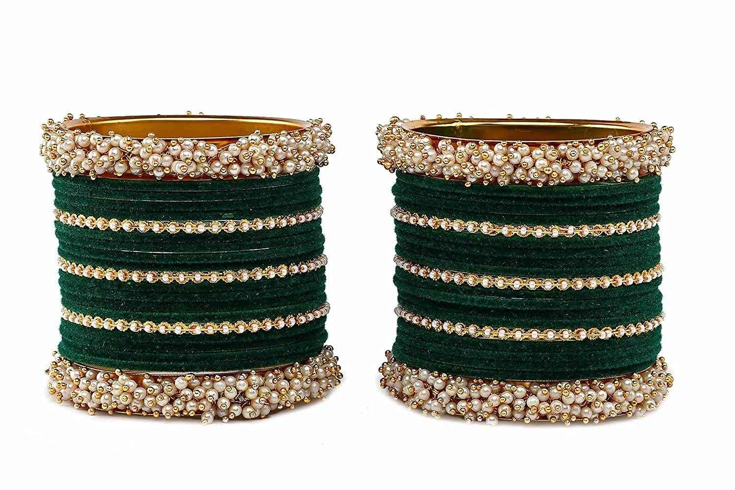 T4 Jewels Stylish Latest Collection Fashion Jewellery Pearl And Stone Glossy Finished Metal Bangles Set - 70NO