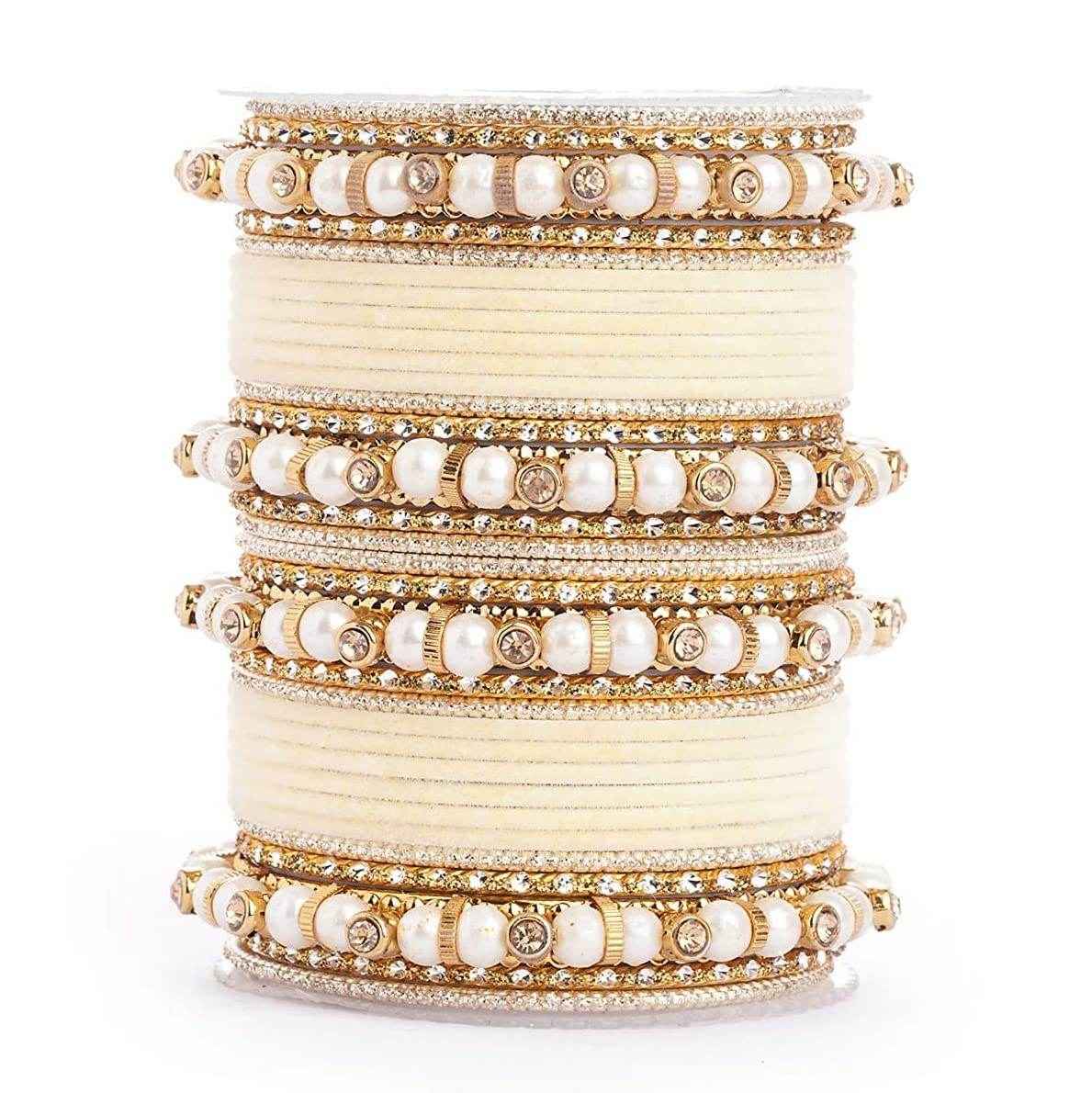 T4 Jewels Pearl Silver Gemstones Beads Studded Multicoloured Metal Bangles Set - 82NO