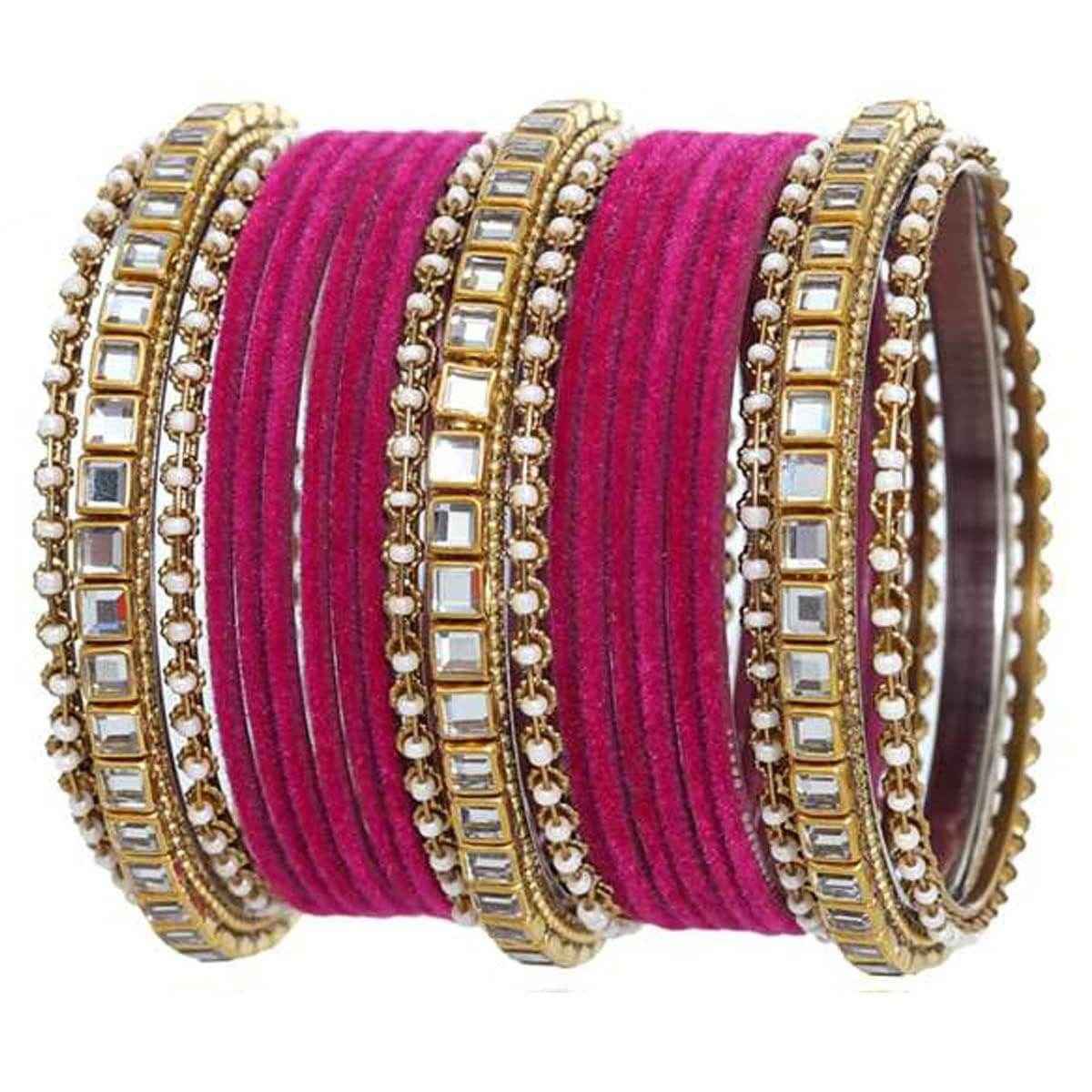 T4 Jewels Stones Studded Latest Fashion Jewellery Kundan Glossy Velvet Metal Bangles Set - 105NO