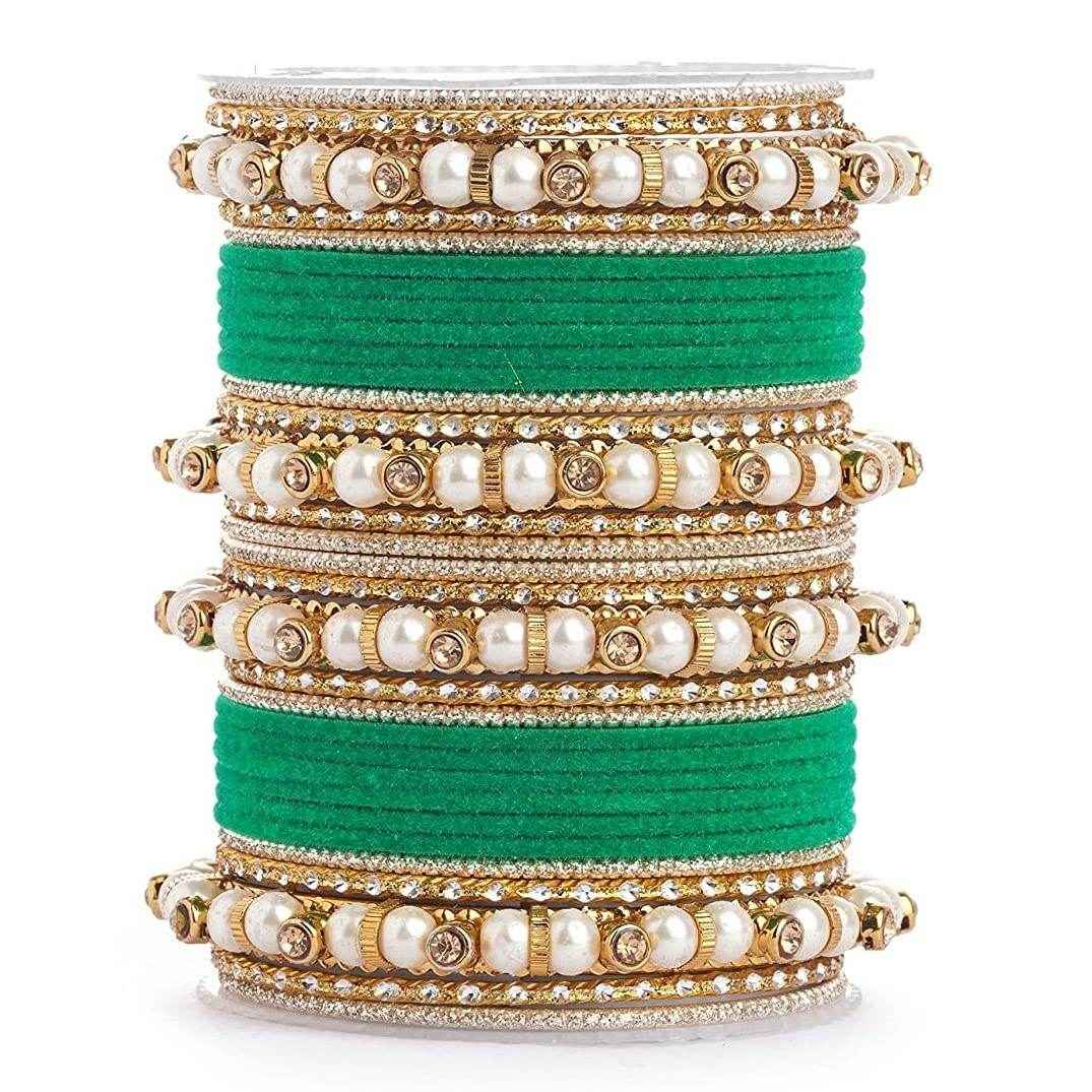 T4 Jewels Pearl Silver Gemstones Beads Studded Multicoloured Metal Bangles Set - 82NO