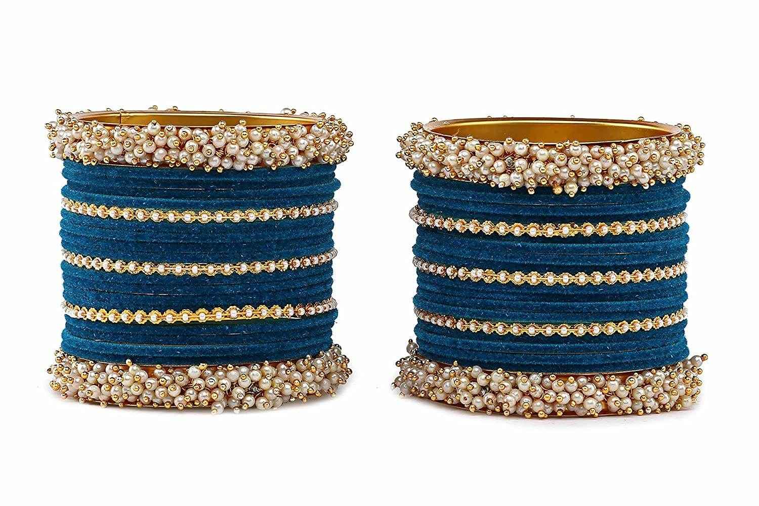 T4 Jewels Stylish Latest Collection Fashion Jewellery Pearl And Stone Glossy Finished Metal Bangles Set - 70NO