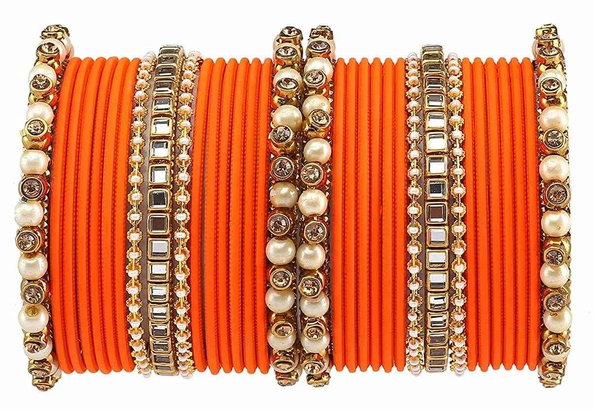 T4 Jewels Brass Metal Beads, Stones And Gemstones Studded Pearl & Glossy Finished Bangle Set- 63NO