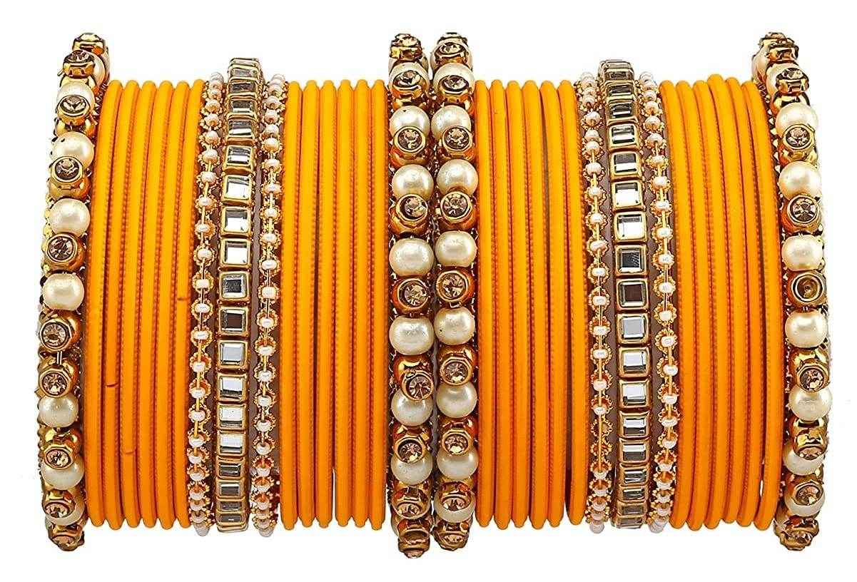 T4 Jewels Brass Metal Beads, Stones And Gemstones Studded Pearl & Glossy Finished Bangle Set- 63NO