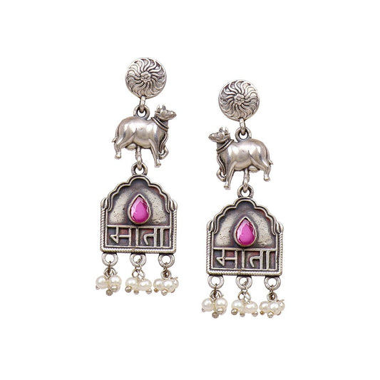 Oxidized Silver Earring with Cow Symbol and 'Mata' Monogram T4 Jewels