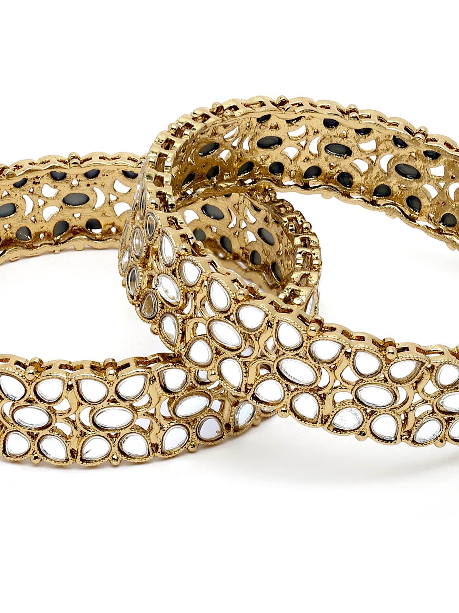 T4 Jewels Set of 2 Antique Gold Plated Kundan and Mirror Work Bangles for Women T4 Jewels