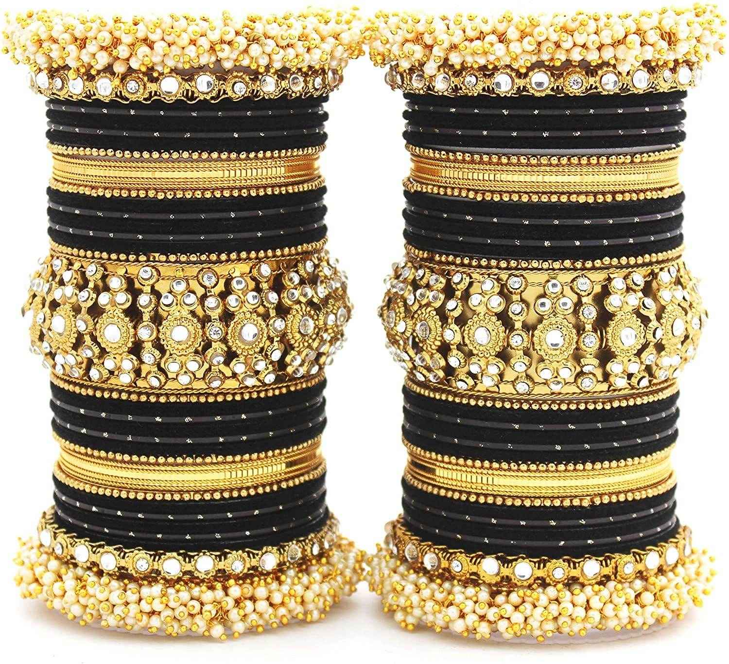 T4 Jewels Pearl Cubic Zirconia Kundan Bangles Set Red/Green/Blue/Pink Colours Bridal Chuda/Wedding Chuda - 90NO.