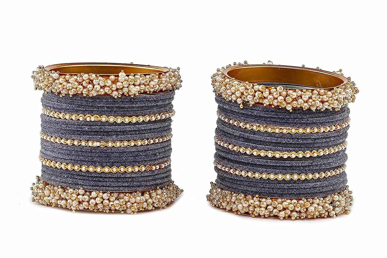 T4 Jewels Stylish Latest Collection Fashion Jewellery Pearl And Stone Glossy Finished Metal Bangles Set - 70NO
