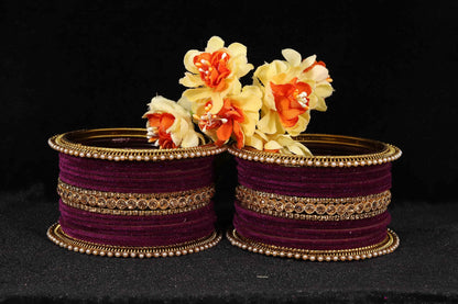 T4 Jewels Metal Velvet Bangles Studded Zircon Diamond Stone & Pearls | Stylish Women's Bangles | Metal bangles | Gold Plated Bangles T4 Jewels