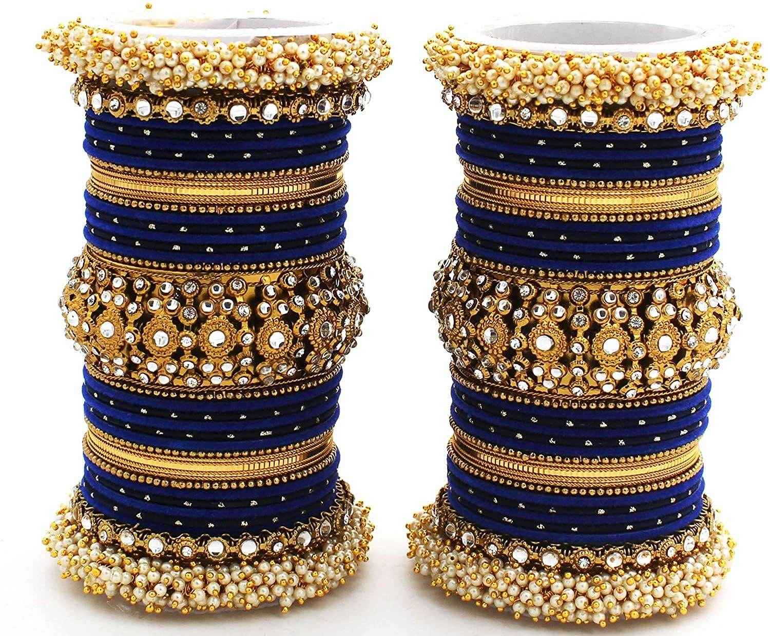 T4 Jewels Pearl Cubic Zirconia Kundan Bangles Set Red/Green/Blue/Pink Colours Bridal Chuda/Wedding Chuda - 90NO.