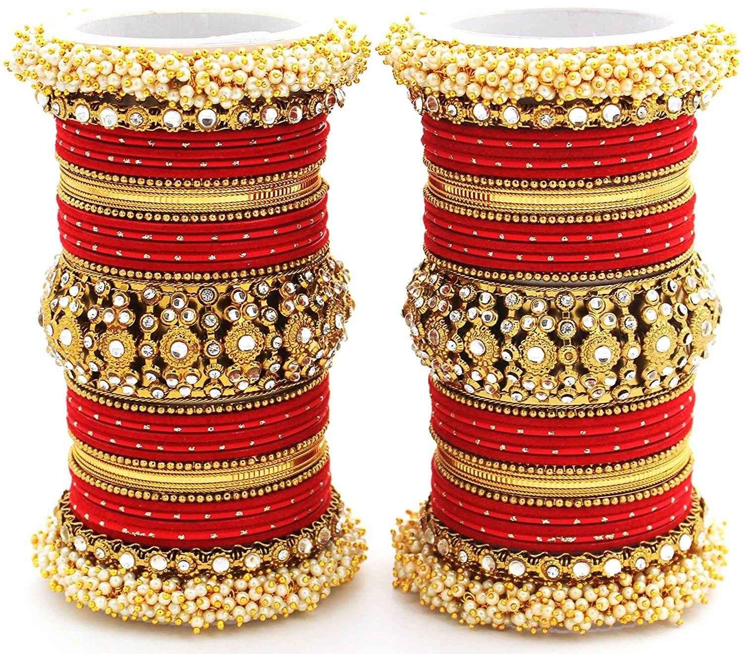 T4 Jewels Pearl Cubic Zirconia Kundan Bangles Set Red/Green/Blue/Pink Colours Bridal Chuda/Wedding Chuda - 90NO.