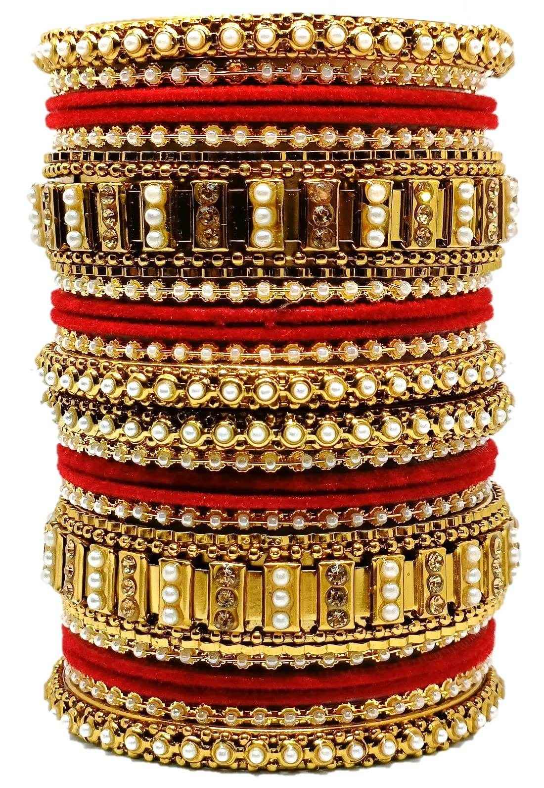 T4 Jewels Gold Plated Beautiful Metal Moti Bangles Set (Bridal Chura)- 51NO