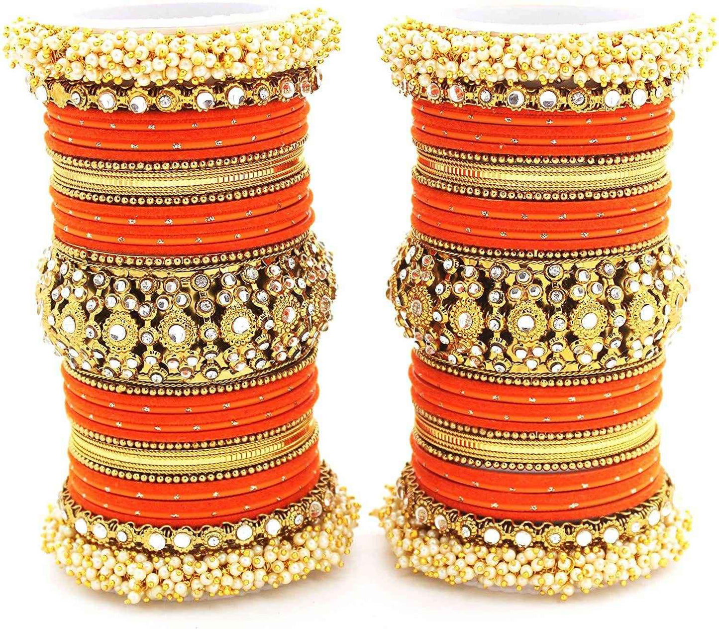 T4 Jewels Pearl Cubic Zirconia Kundan Bangles Set Red/Green/Blue/Pink Colours Bridal Chuda/Wedding Chuda - 90NO.