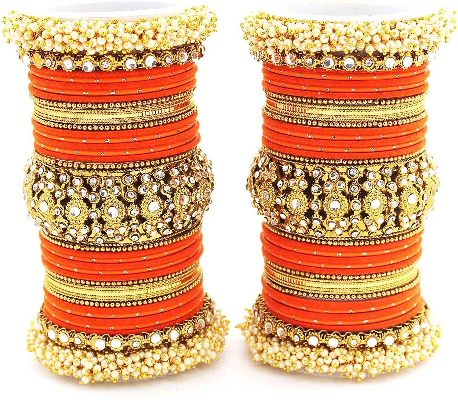 T4 Jewels Pearl Cubic Zirconia Kundan Bangles Set Red/Green/Blue/Pink Colours Bridal Chuda/Wedding Chuda - 90NO.