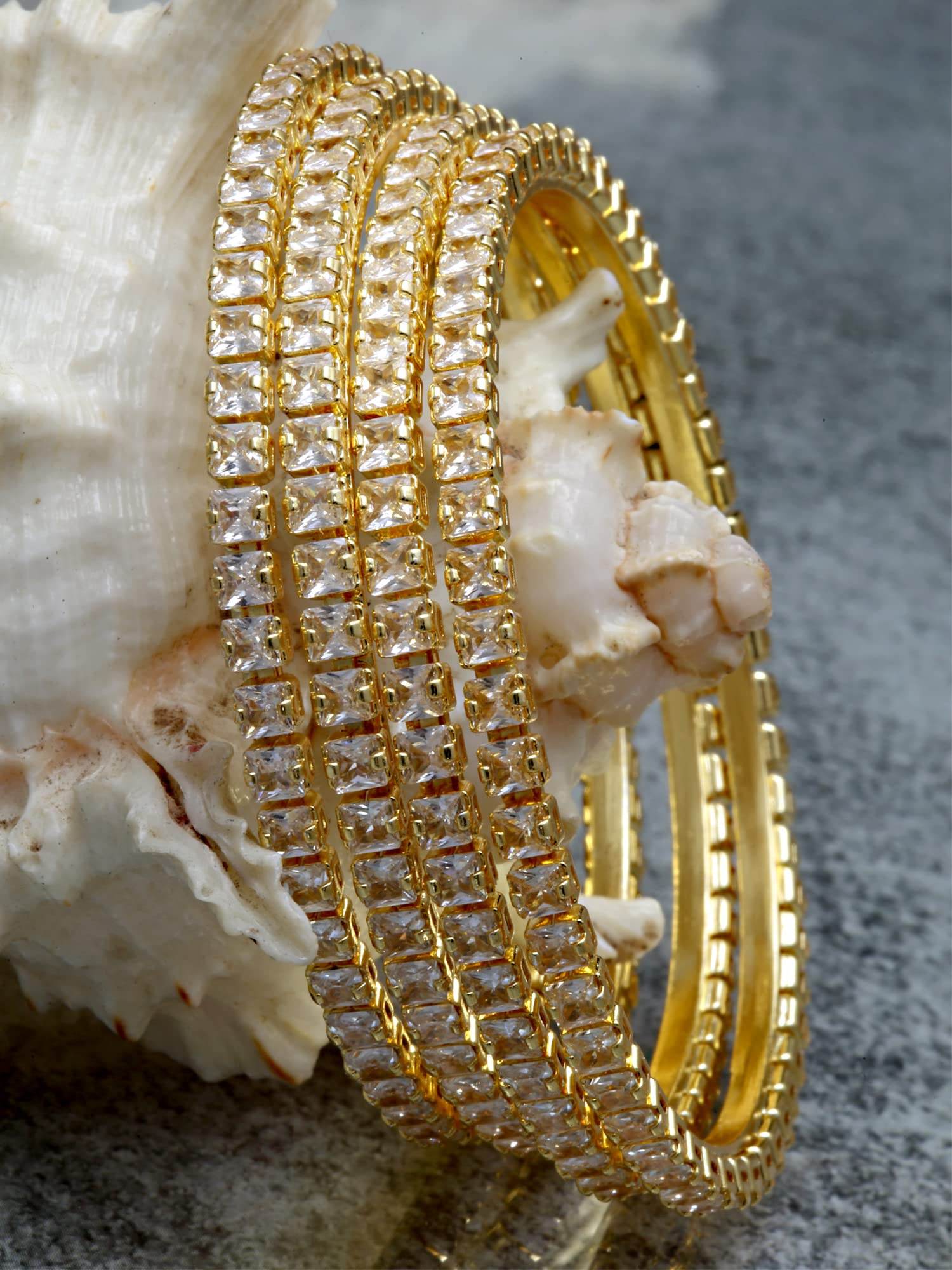 T4 Jewels Set of 4 Gold Plated American Diamond Studded Bangles for Women T4 Jewels