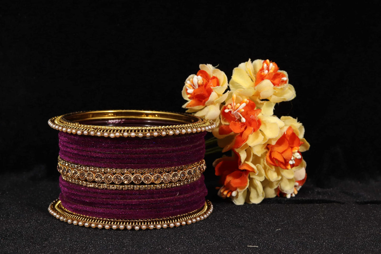 T4 Jewels Metal Velvet Bangles Studded Zircon Diamond Stone & Pearls | Stylish Women's Bangles | Metal bangles | Gold Plated Bangles T4 Jewels