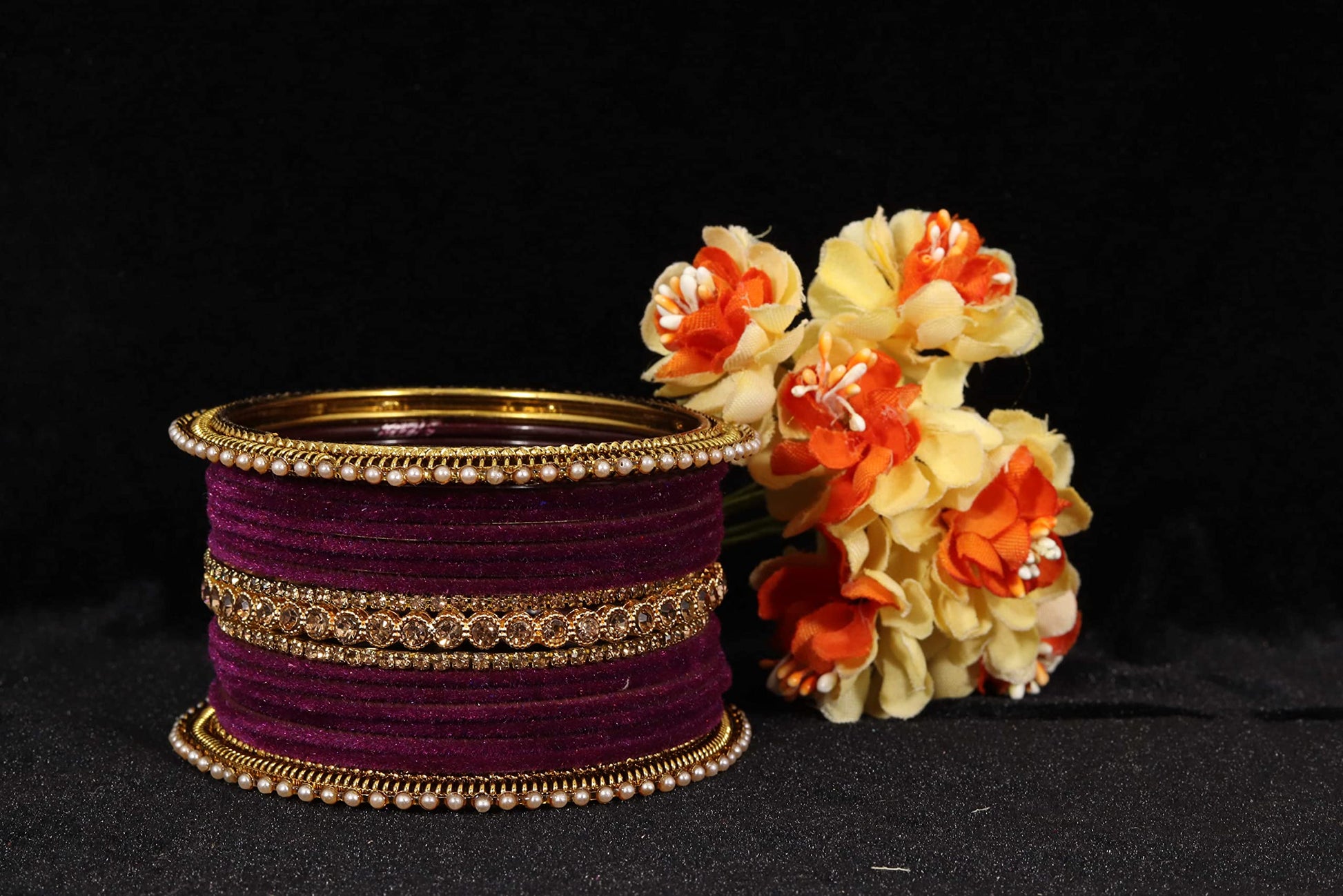 T4 Jewels Metal Velvet Bangles Studded Zircon Diamond Stone & Pearls | Stylish Women's Bangles | Metal bangles | Gold Plated Bangles T4 Jewels