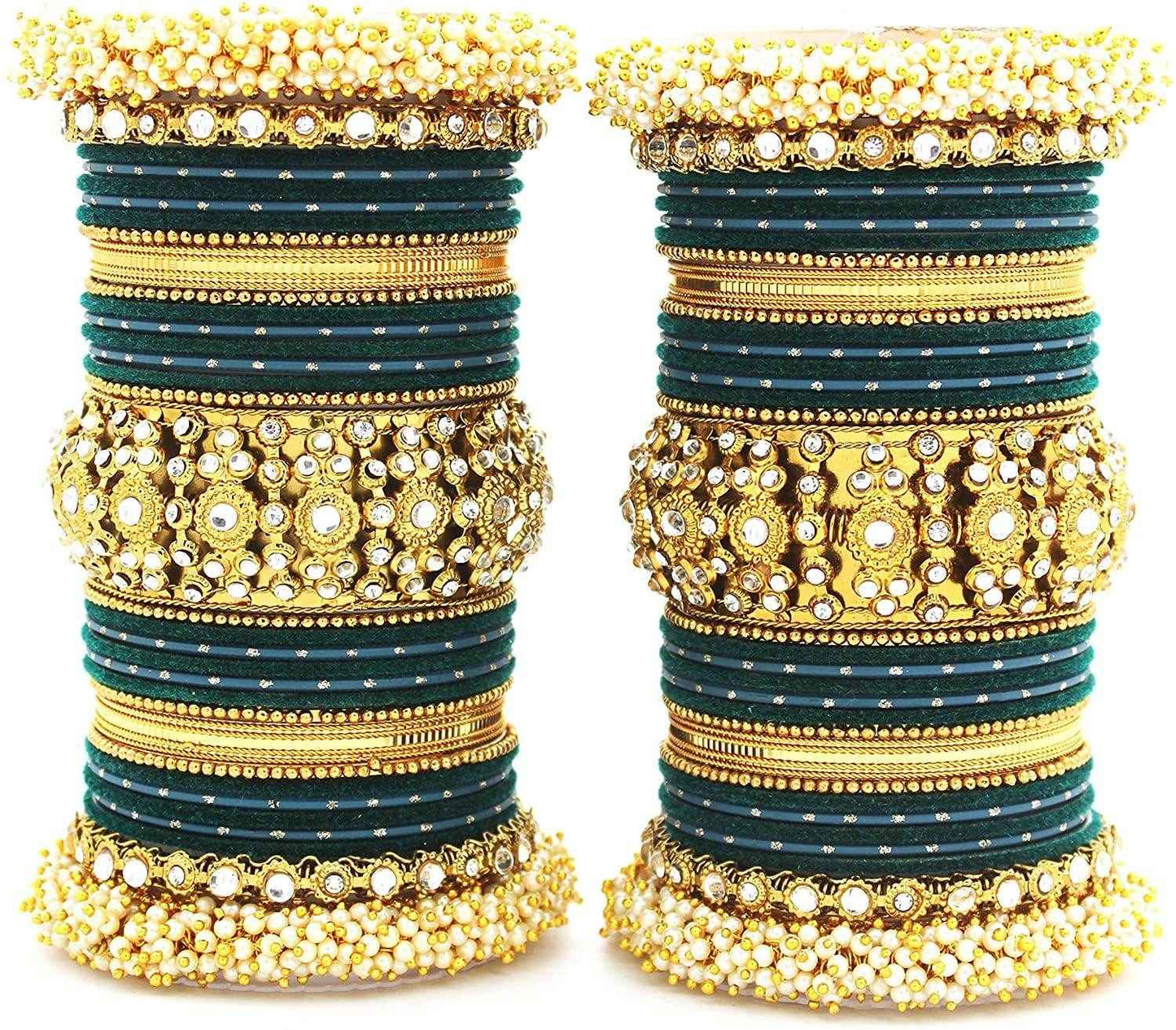 T4 Jewels Pearl Cubic Zirconia Kundan Bangles Set Red/Green/Blue/Pink Colours Bridal Chuda/Wedding Chuda - 90NO.