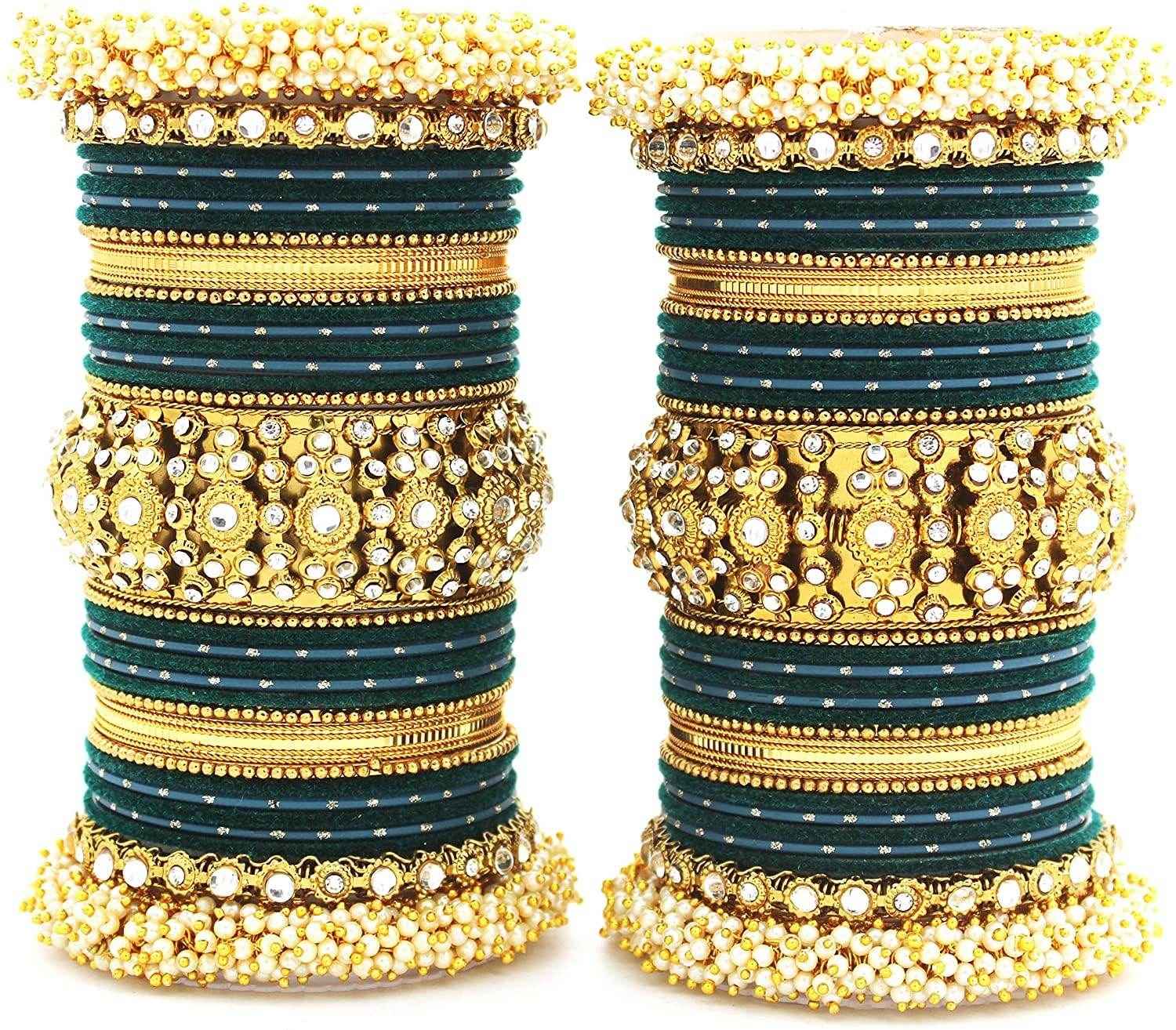 T4 Jewels Pearl Cubic Zirconia Kundan Bangles Set Red/Green/Blue/Pink Colours Bridal Chuda/Wedding Chuda - 90NO.