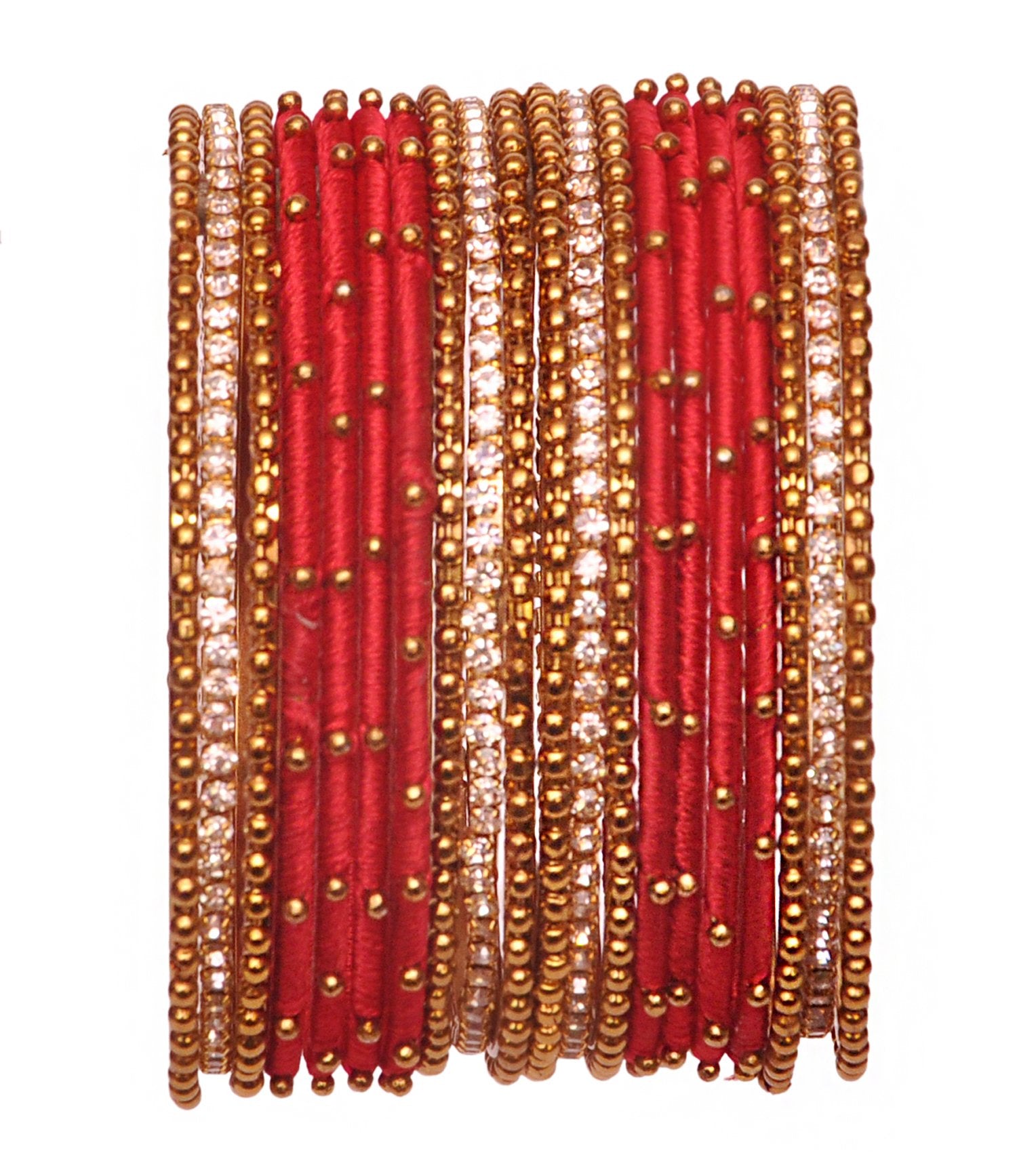 T4 Jewels Non-Precious Metal with Base Metal and Zircon Gemstone Studded Ball Chain Linked Glossy Finished Silk thread Bangle set Red T4 Jewels