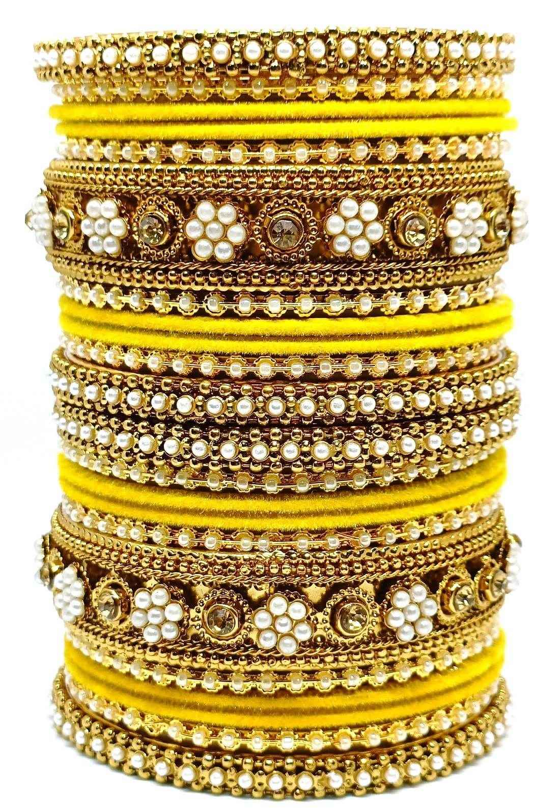 T4 Jewels Gold-Plated Flower Designer Metal Bangles Set (Bridal Chuda) - 52NO