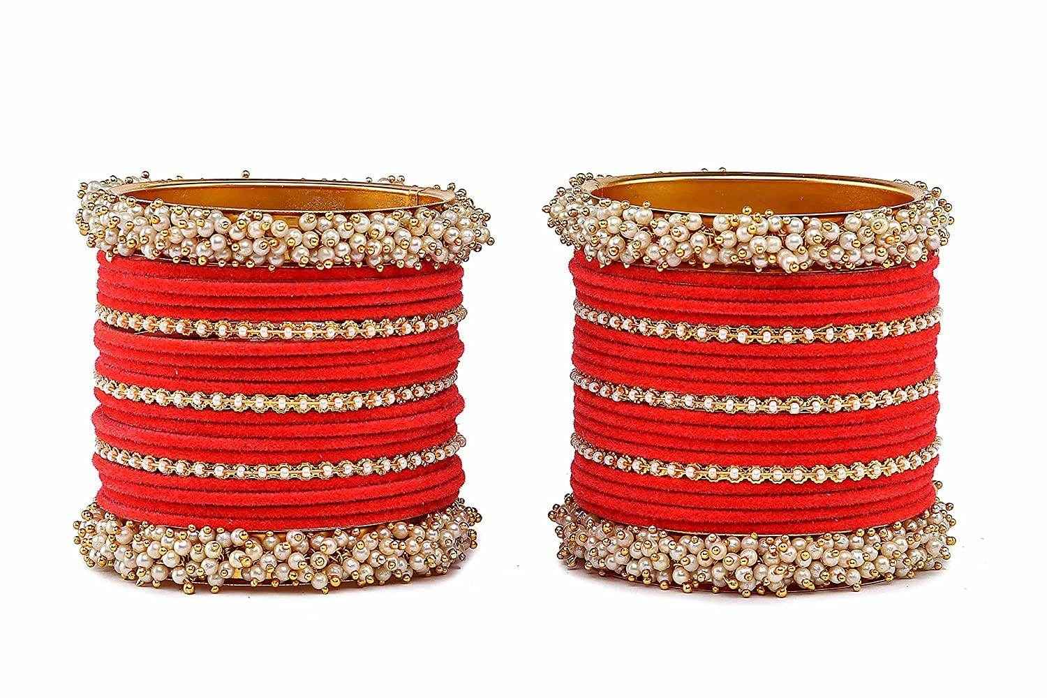 T4 Jewels Stylish Latest Collection Fashion Jewellery Pearl And Stone Glossy Finished Metal Bangles Set - 70NO